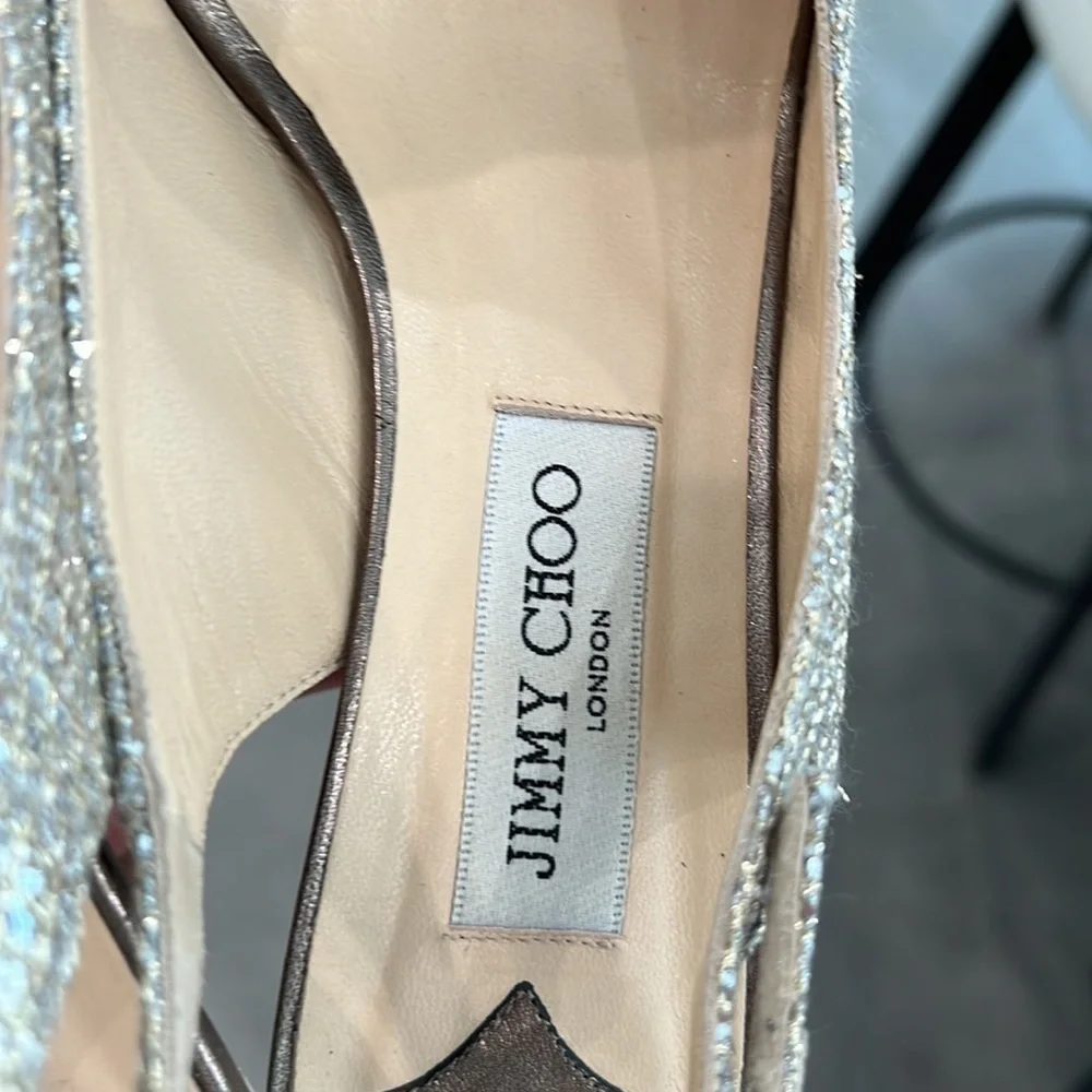 JIMMY CHOO SILVER SEQUIN EVENING PLATFORM SLINGBACK OPEN TOE HEELS SIZE 40 (9)